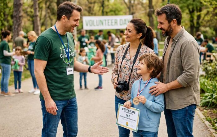 Adult praising a young boy in front of his parents