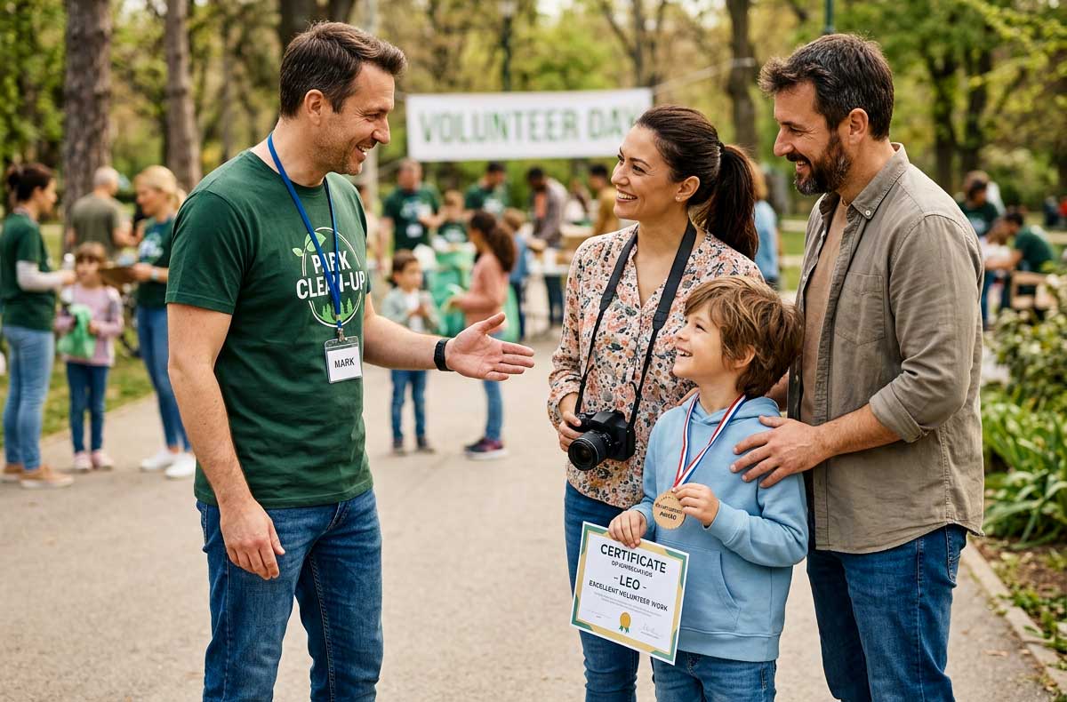 Adult praising a young boy in front of his parents