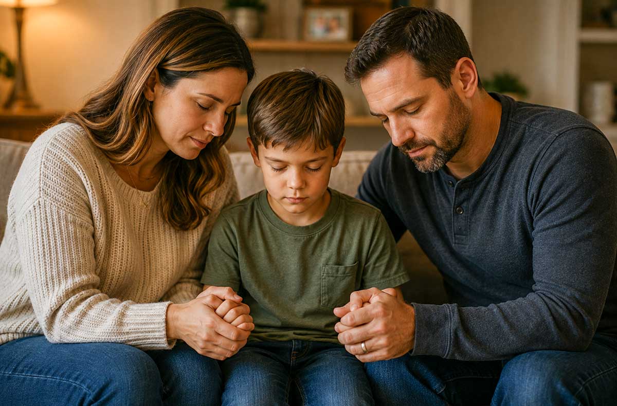 Parents praying with their child